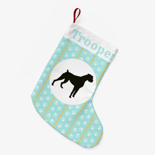 Aangepaste Boxer Dog Aqua Paw en Botpatroon Kleine Kerstsok (Voorkant (Hangend))