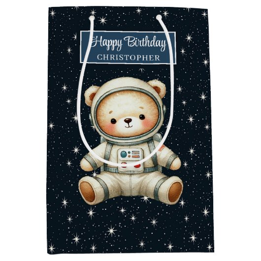Aangepaste Boy Gift Bag met Teddy Astronaut Thema Medium Cadeauzakje (Voorkant)