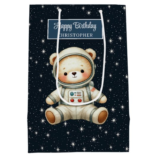 Aangepaste Boy Gift Bag met Teddy Astronaut Thema Medium Cadeauzakje (Achterkant)