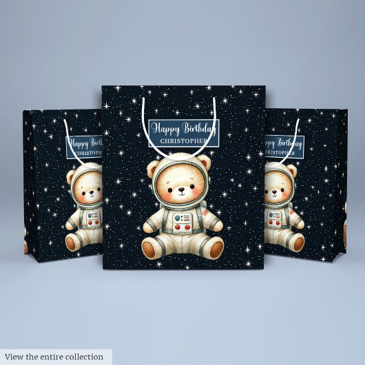 Aangepaste Boy Gift Bag met Teddy Astronaut Thema Medium Cadeauzakje