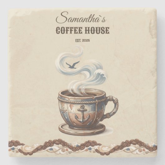 Aangepaste branding voor Coastal Cafe Stenen Onderzetter (Voorkant)