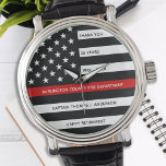 Aangepaste brandweerdienst brandweerman, pensioen horloge<br><div class="desc">Met dit Thin Red Line Retirement of Jubileum Firefighter Watch - Amerikaans vlagontwerp in brandweervlagkleuren in een modern zwart en rood ontwerp, kun je je appreciëren en shows voor een uitstekende brandweerman. Perfect voor brandweerprijzen en brandweergeschenken en brandweergeschenken. Personaliseer deze brandweerlieden die met naam en , jaren van dienst en...</div>