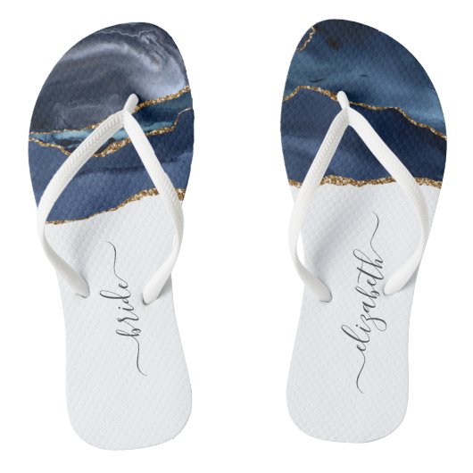 Aangepaste Bride Blue Gold Agate Wedding Teenslippers (Voetbed)