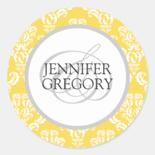 Aangepaste bride Groom Names Yellow Damask Weddens Ronde Sticker
