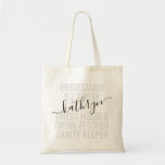 Aangepaste bridesmaidnaam tote bag<br><div class="desc">De gepersonaliseerde Canvas tas van de Naam van de Bridesmaid van de Douane met editable teksten en de formulering voor uw datum,  bestemming of plaats,  naam,  en leuk citaat zoals "kledinghouder,  de fokker van de drink,  de bewaarder van de hygiëne"maakt een pret en nuttig keepname voor al uw bruidsmeisjes.</div>