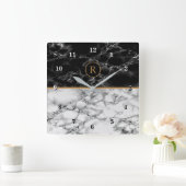 Aangepaste brief wandklok zwart wit marmer (Huis)