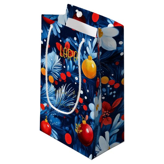 Aangepaste Bright Floral Christmas Gift Bag Klein Cadeauzakje (Voorkant Gekanteld)
