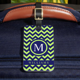 Aangepaste Bright Lime Green Navy Blue Chevron Pat Bagagelabel