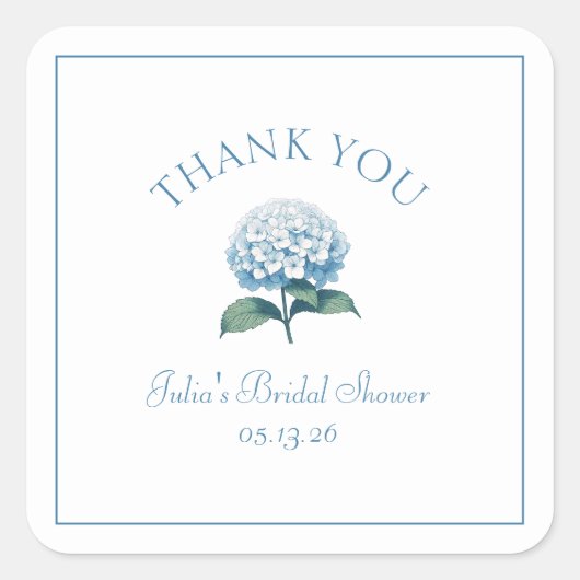 Aangepaste bruidsdouche Blauwe Hortensia Dank je w Vierkante Sticker (Voorkant)