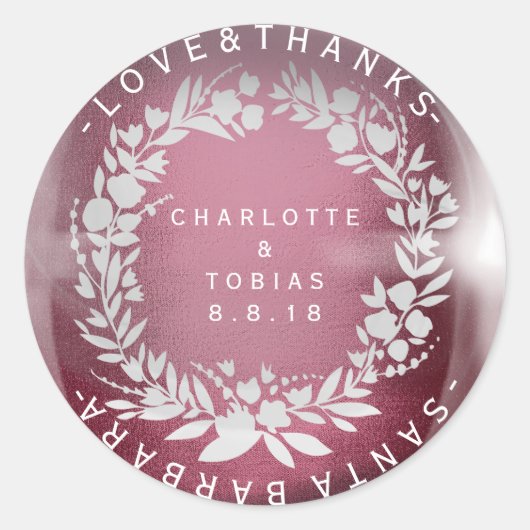 Aangepaste bruiloft Bedankt krans bordeaux wit gla Ronde Sticker (Voorkant)