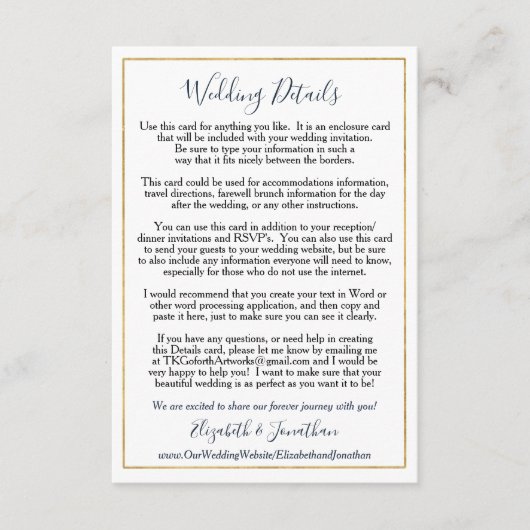 Aangepaste bruiloft behuizing Elegant Navy Gold Informatiekaartje (Voorkant)