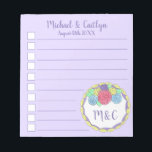 Aangepaste bruiloft checklist Paarse Floral Cake F Notitieblok<br><div class="desc">Het ontwerp van het notitieblok van de checklist kenmerkt een originele tellerillustratie van een trouwcake met pastelroze en paarse accenten. Pas je aan met je trouwgegevens en date voor een unieke gunst. Er zijn ook veel extra geïllustreerde notitieblokken beschikbaar in deze winkel. Dit ontwerp is ook beschikbaar op andere producten....</div>