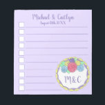Aangepaste bruiloft checklist Paarse Floral Cake F Notitieblok<br><div class="desc">Het ontwerp van het notitieblok van de checklist kenmerkt een originele tellerillustratie van een trouwcake met pastelroze en paarse accenten. Pas je aan met je trouwgegevens en date voor een unieke gunst. Er zijn ook veel extra geïllustreerde notitieblokken beschikbaar in deze winkel. Dit ontwerp is ook beschikbaar op andere producten....</div>