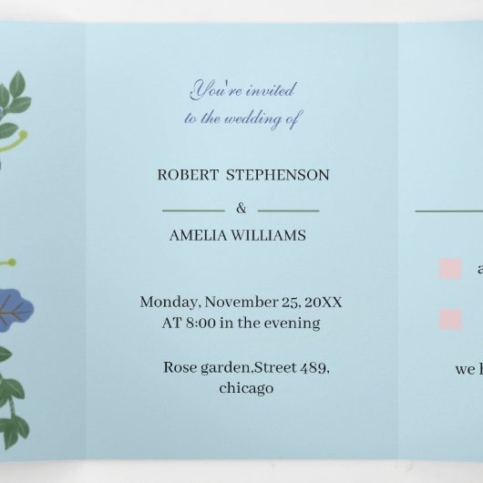 Aangepaste bruiloft Elegante Paarse Bloem Drieluik Uitnodiging (Binnenkant midden)