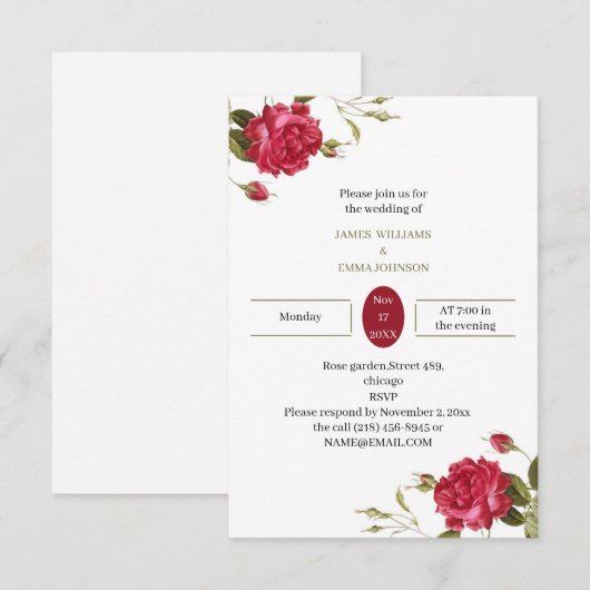 Aangepaste bruiloft Elegante rode bloem Kaart (Voorkant / Achterkant)