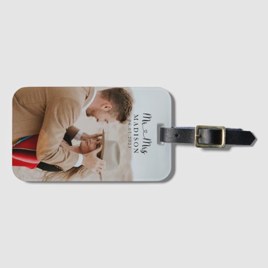 Aangepaste bruiloft foto kalligrafie bagagelabel (Voorkant (horizontaal))