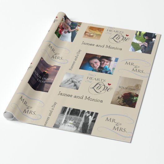 Aangepaste bruiloft foto-koulage met CustomText Cadeaupapier (Uitgerold)