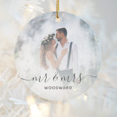 Aangepaste bruiloft Foto Mr en Mrs Gray Script Keramisch Ornament