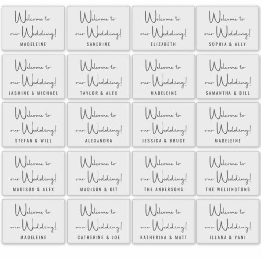 Aangepaste bruiloft gastnamen Zwart Wit Welkom Sticker (Voorkant)