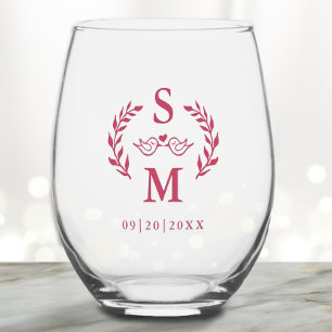 Aangepaste bruiloft Modern Monogram krans magenta  Wijnglas Zonder Voet