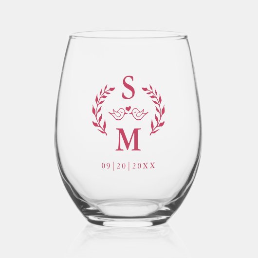 Aangepaste bruiloft Modern Monogram krans magenta Wijnglas Zonder Voet (Voorkant)