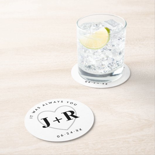 Aangepaste bruiloft Monogram Initialen met hart Ronde Kartonnen Onderzetter (Insitu)