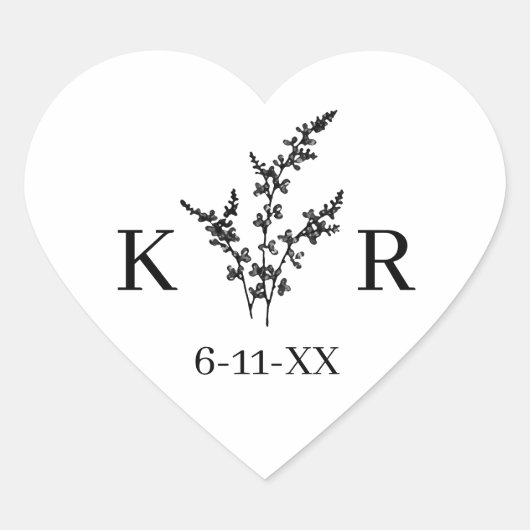 Aangepaste bruiloft monogram naam geëtste bloem hart sticker (Voorkant)