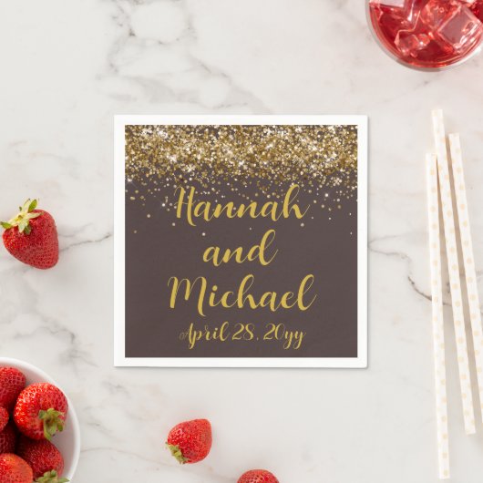 Aangepaste bruiloft ontvangst bruin & goud geperso servet (Insitu)