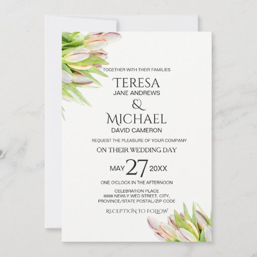 Aangepaste bruiloft, roze en groene tulp schilderi kaart (Voorkant)