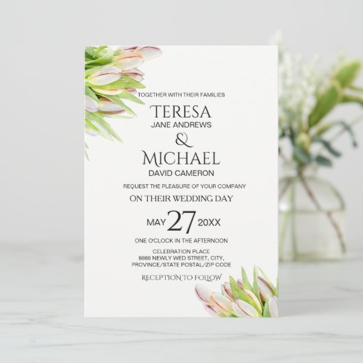 Aangepaste bruiloft, roze en groene tulp schilderi kaart (Staand voorkant)