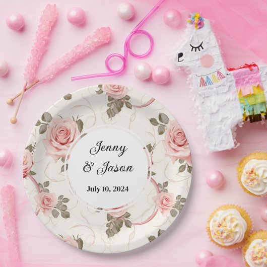 Aangepaste bruiloft roze roos papier Borden Papieren Bordje (Feest)