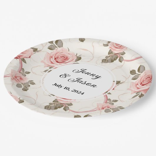 Aangepaste bruiloft roze roos papier Borden Papieren Bordje (Gekanteld)