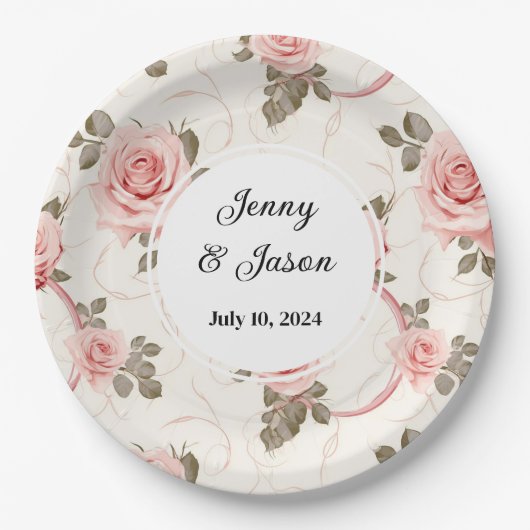 Aangepaste bruiloft roze roos papier Borden Papieren Bordje (Voorkant)