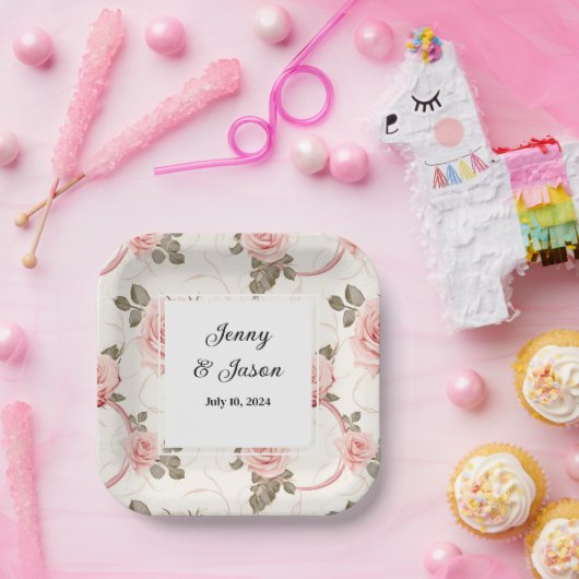 Aangepaste bruiloft roze rozen papier Borden Papieren Bordje (Feest)