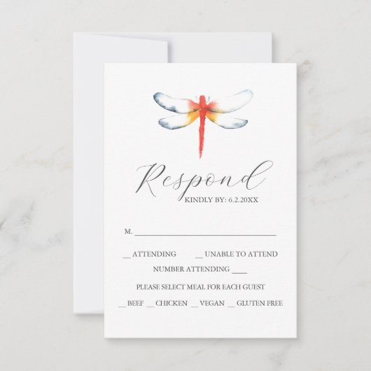 Aangepaste bruiloft RSVP Cards Rode libel (Voorkant)