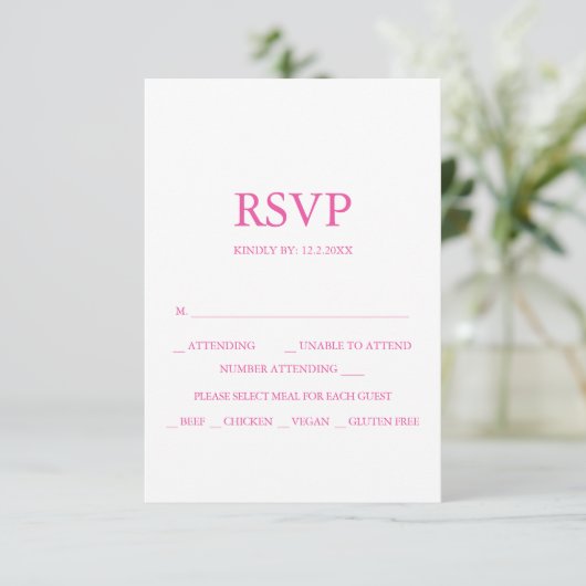 Aangepaste bruiloft RSVP-kaarten Levendig Roze RSVP Kaartje (Staand voorkant)