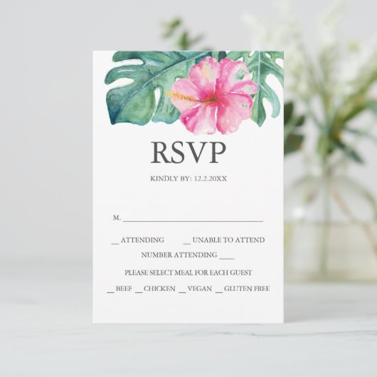 Aangepaste bruiloft RSVP kaarten roze Hibiscus (Staand voorkant)