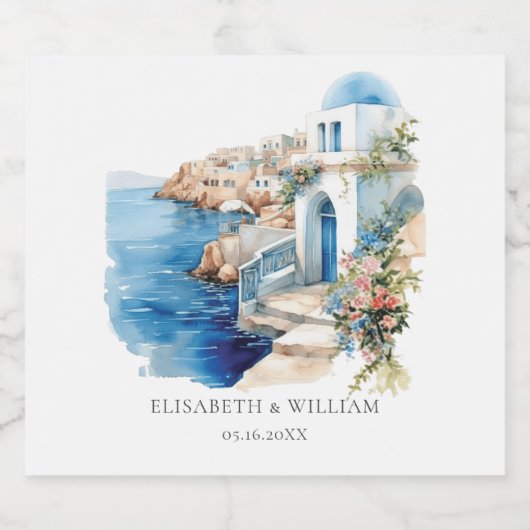 Aangepaste bruiloft Santorini Griekenland Sparkling Wijnetiket (Enkel label)