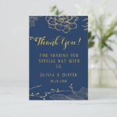 Aangepaste bruiloft voor marineblauw en goudbloeme bedankkaart (Staand voorkant)