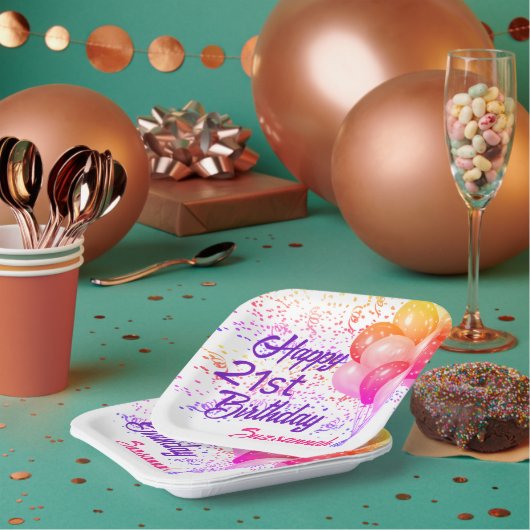 Aangepaste bruine Confetti op jaardag met ballonne Papieren Bordje (Multi)