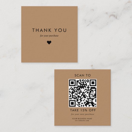 Aangepaste bruine typografie Business QR Code Dank Kortingskaartje (Voorkant / Achterkant)