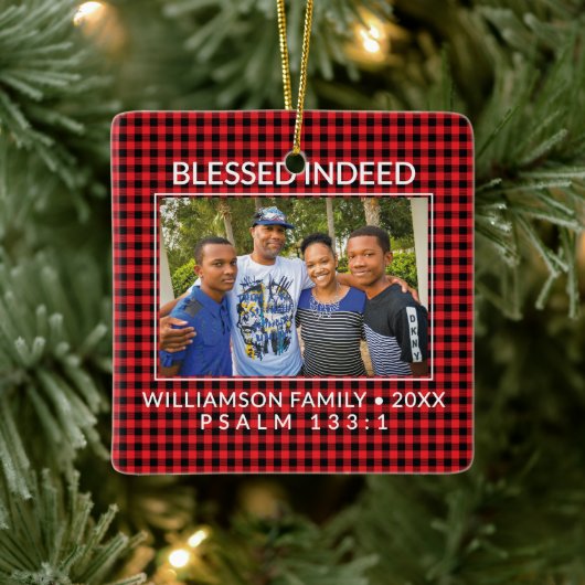Aangepaste Buffalo Plaid Familie Christelijke Kers Keramisch Ornament (Boom)