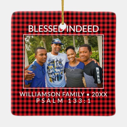 Aangepaste Buffalo Plaid Familie Christelijke Kers Keramisch Ornament (Achterkant)
