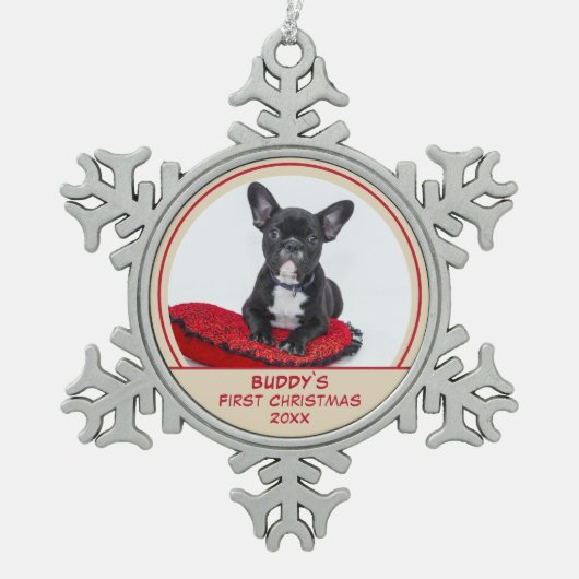 Aangepaste Bulldog Puppy 1 e kerstfoto Tin Sneeuwvlok Ornament (Voorkant)