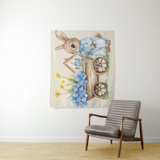 Aangepaste Bunny met Blauwe Bloemen Achtergrond Wandkleed (In situ)