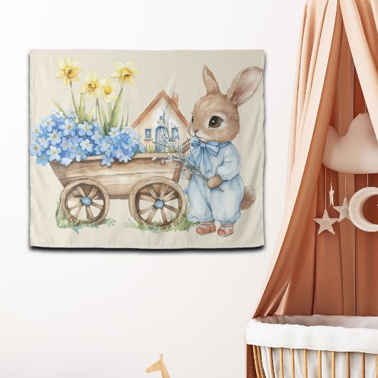Aangepaste Bunny met Blauwe Bloemen Achtergrond Wandkleed