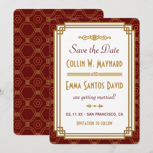 Aangepaste Burgundy Art Deco Save The Date Kaart (Voorkant / Achterkant)