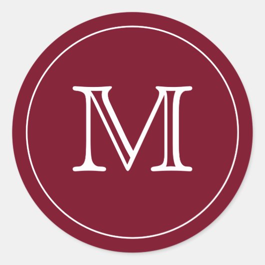 Aangepaste Burgundy Red White Monogram Letter Ronde Sticker (Voorkant)