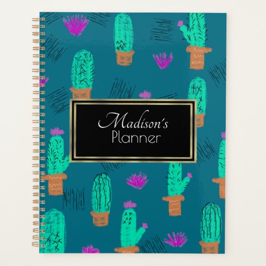 Aangepaste Cactus Tekening Naam Goud Planner (Voorkant)