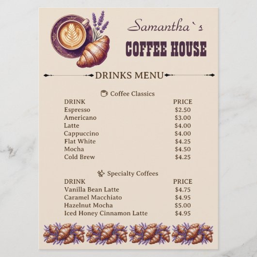Aangepaste Cafe Merch Vintage Croissant Met Lavend Menu (Voorkant)